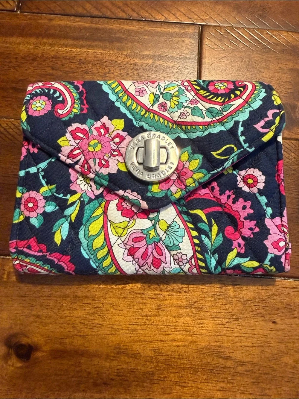 Vera Bradley Navy Quilted Floral Paisley Card Case with Silver Turnlock